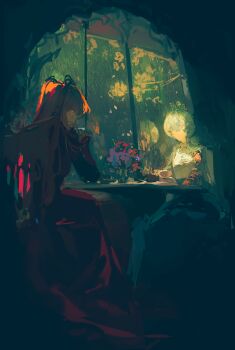 2girls absurdres ayanami_rei chinese_commentary closed_mouth commentary_request commission cup dark dress grey_hair hair_between_eyes highres indoors long_dress long_hair long_sleeves multiple_girls neon_genesis_evangelion orange_eyes orange_hair plant potted_plant red_dress short_hair sitting souryuu_asuka_langley table tareme teacup white_dress window zhichitianshi