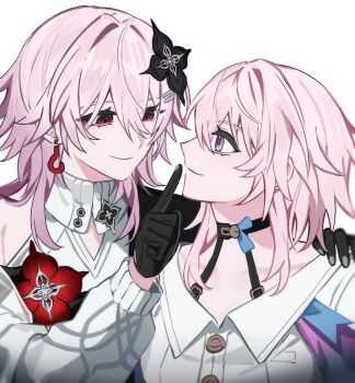 2girls black_gloves buttons choker collar dress earrings evernight_(honkai:_star_rail) flower gloves hair_between_eyes hair_flower hair_ornament hairclip hashtag-only_commentary highres honkai:_star_rail honkai_(series) jewelry light_smile looking_at_another march_7th_(honkai:_star_rail) march_7th_(preservation)_(honkai:_star_rail) medium_hair multicolored_eyes multiple_girls parallel_hairclips pin3909 pink_hair red_eyes shirt single_earring strap two-tone_eyes white_shirt yuri