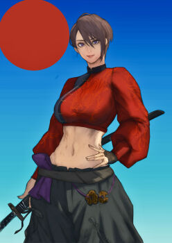 1girl absurdres baggy_pants blue_background breasts brown_hair commentary_request crop_top earrings final_fantasy final_fantasy_xiv gradient_background hand_on_own_stomach highres holding holding_sword holding_weapon jewelry katana large_breasts looking_at_viewer mandarin_collar mole mole_under_mouth navel oliver_(oliverclassict) pants puffy_sleeves purple_eyes red_shirt sheath shirt short_hair smile solo stomach sword toned warrior_of_light_(ff14) weapon