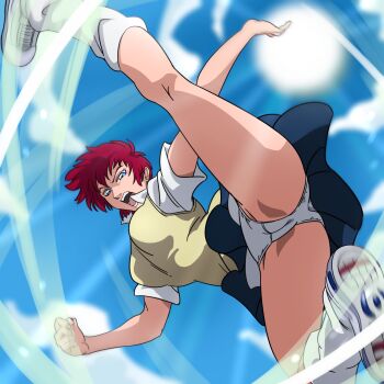 Rule 34 | 1girl, aikawa maki, air master, attack, blue eyes, blue sky, breasts, cameltoe, collared shirt, commentary, ear piercing, from above, highres, incoming attack, kicking, looking at viewer, loose socks, m o (prftz), medium breasts, open mouth, panties, piercing, pleated skirt, red hair, school uniform, shirt, shoes, short hair, skirt, sky, sneakers, socks, solo, sun, underwear, upskirt, very short hair, vest, white panties, white shirt, white shoes