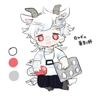 1boy @_@ animal_ears bandaid bandaid_on_arm bandaid_on_face bandaid_on_nose black_pants blister_pack blush_stickers brown_shoes chibi chibi_only color_guide commentary_request cotono_(nazekun) goat_ears goat_horns goat_tail highres holding holding_pill horns lanyard male_focus medium_hair original pants papers pill red_eyes shirt shoes short_sleeves sketch striped_clothes striped_pants tail tareme translation_request vertical-striped_clothes vertical-striped_pants white_hair white_shirt