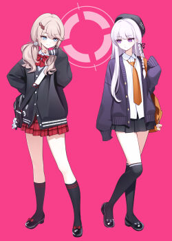 2girls arm_behind_back bag beret black_hat black_shoes black_skirt black_socks black_thighhighs bow bowtie braid brown_hair closed_mouth collared_shirt danganronpa:_trigger_happy_havoc danganronpa_(series) deadnooodles enoshima_junko expressionless footwear_bow full_body hand_up hat highres kirigiri_kyoko kneehighs long_hair long_sleeves looking_at_another low_twintails multiple_girls necktie orange_necktie over-kneehighs pink_background purple_hair red_bow red_bowtie red_skirt school_bag school_uniform shirt shoes simple_background skirt smile socks standing thighhighs twintails white_shirt