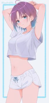 Rule 34 | 1girl, absurdres, ahoge, aqua hair, armpit peek, arms up, asakura toru, blush, breasts, commentary request, cropped shirt, earrings, fingernails, gradient hair, grey shirt, highres, idolmaster, idolmaster shiny colors, jewelry, koukashita, light smile, looking at viewer, medium breasts, multicolored hair, nail polish, navel, purple hair, shirt, short hair, short shorts, shorts, solo, stomach, t-shirt, thighs, twitter username, white shorts