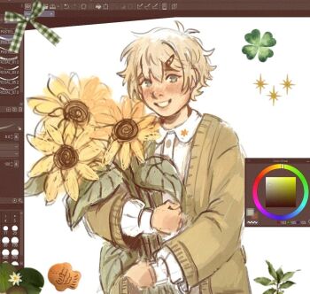 1boy art_program_in_frame basil_(birthday)_(omori) basil_(faraway)_(omori) basil_(omori) blonde_hair blue_eyes blush cardigan collared_shirt flower green_cardigan hair_ornament hairclip highres holding holding_flower long_sleeves looking_at_viewer male_focus no_headwear omori open_mouth shirt short_hair simple_background smile solo sunflower umilini2 upper_body white_background white_shirt