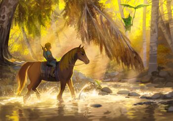 Rule 34 | 1boy, akatsukireii, autumn leaves, brown horse, commentary request, day, forest, highres, horse, horseback riding, korok, leaf, link, midair, nature, nintendo, outdoors, riding, scenery, stream, the legend of zelda, the legend of zelda: breath of the wild, wading