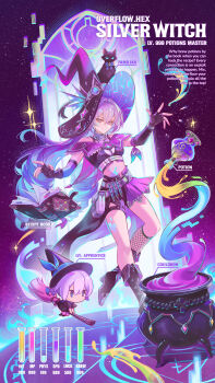 1girl absurdres alternate_costume bare_shoulders black_boots black_cat black_hat blue_hair book boots broom broom_riding capelet cat cauldron chibi closed_mouth commentary crop_top drill_hair dual_persona english_commentary english_text fingerless_gloves fishnets floating floating_object full_body gloves gradient_hair grey_eyes grey_hair hair_between_eyes hands_up hat high_heel_boots high_heels highres honkai:_star_rail honkai_(series) jessica_wijaya level_up long_hair looking_at_viewer magic_circle midriff multicolored_hair open_book potion purple_capelet silver_wolf_(honkai:_star_rail) silverleveling_(honkai:_star_rail) smile star_(sky) starry_sky_background stats very_long_hair witch_hat