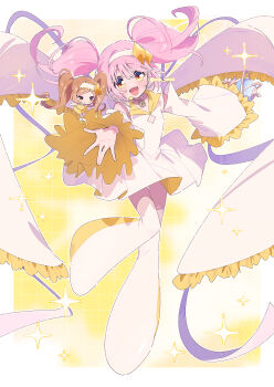 Rule 34 | 2girls, amulet dia, boots, border, brown hair, chibi, closed mouth, collared dress, commentary request, dia (shugo chara!), diamond cutout, diamond hair ornament, dress, floating clothes, floating hair, frilled sleeves, frills, full body, grid background, hairband, highres, hinamori amu, humpty lock (shugo chara!), lace-trimmed hairband, lace trim, light blush, long hair, long sleeves, magical girl, miniskirt, multiple girls, offering hand, open mouth, outside border, outstretched hand, pink hair, pleated skirt, serizawa serizane, shirt, shoes, short dress, shugo chara!, skirt, skirt set, sleeveless, sleeveless shirt, sleeves past fingers, sleeves past wrists, smile, solo focus, sparkle, thigh boots, thighhighs, twintails, twitter username, two-sided dress, two-sided fabric, very long hair, white border, white dress, white footwear, white hairband, white thighhighs, wide sleeves, yellow background, yellow boots, yellow eyes, yellow shirt