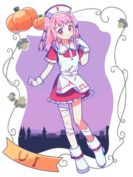 Rule 34 | 1girl, absurdres, apron, bandaged leg, bandages, blush, boots, character name, closed mouth, commentary request, dot nose, dress, frilled dress, frills, full body, gloves, halloween, hand up, highres, long hair, looking at viewer, magia record: mahou shoujo madoka magica gaiden, mahou shoujo madoka magica, pink eyes, pink hair, pumpkin, purple background, red dress, ruru (rurumagi), short dress, short sleeves, smile, solo, standing, tamaki ui, white apron, white boots, white gloves