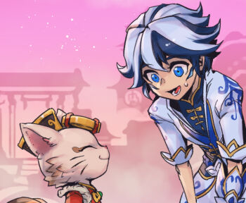 2boys :d black_hair black_headwear blue_eyes closed_eyes closed_mouth ezreal facing_another firecracker_teemo from_side grey_hair hair_ornament league_of_legends long_sleeves looking_at_another lower_teeth_only male_focus multicolored_background multicolored_hair multiple_boys open_mouth pants phantom_ix_row porcelain_ezreal porcelain_protector_ezreal smile sweatdrop teemo teeth tongue two-tone_hair whiskers yordle