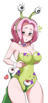 1girl bare_shoulders breasts cleavage cosplay cowboy_shot digimon digimon_adventure_02 green_leotard highres large_breasts leotard numemon numemon_(cosplay) pabsmikan pink_hair short_hair simple_background strapless strapless_leotard tachikawa_mimi white_background