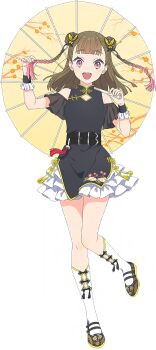 1girl :d above-cleavage_cutout bare_shoulders black_shirt black_shoes brown_hair butterfly_hair_ornament chinese_clothes clothing_cutout double_bun floating_hair flower_knot full_body game_cg gradient_hair hair_bun hair_extensions hair_ornament hasu_no_sora_pop_up_shop_china_collection holding holding_own_hair holding_umbrella kachimachi_kosuzu kneehighs leg_up link!_like!_love_live! looking_at_viewer love_live! mary_janes multicolored_hair non-web_source official_alternate_costume official_art oil-paper_umbrella open_mouth pink_eyes pink_hair ring_hair_extensions shirt shoes shoulder_cutout simple_background smile socks solo tassel transparent_background umbrella virtual_youtuber white_socks yellow_umbrella