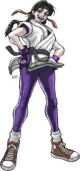 1girl braid braided_ponytail breasts brown_eyes brown_hair clothes_lift dougi female_focus gloves hairband hidpict karate_gi large_breasts leggings long_hair looking_at_viewer open_mouth pale_skin pants shoes skirt skirt_lift smile smiley_face sneakers socks spandex standing the_king_of_fighters thick_thighs thighs tight_clothes tight_pants wide_hips yoga_pants yuri_sakazaki