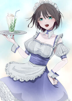 1girl absurdres aoi_erika apron black_hair blue_eyes commentary_request drinking_straw glass hand_on_own_hip heaven_burns_red highres kalin_note looking_at_viewer maid maid_apron open_mouth short_hair tray