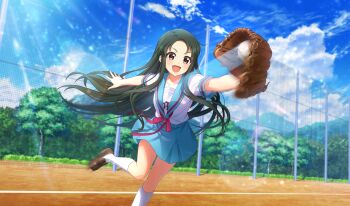 Rule 34 | 1girl, :d, ball, baseball, baseball (object), baseball field, baseball glove, belt, blue belt, blue sailor collar, blue skirt, blush, brown shoes, catching, cinderella series, cloud, cumulonimbus cloud, fang, film grain, floating hair, foot out of frame, game cg, green hair, hachigatsu no cinderella nine, highres, holding, holding ball, kita high school uniform, leg up, lens flare, light particles, light rays, loafers, long hair, looking at object, motion blur, motion lines, net, non-web source, official art, open mouth, outdoors, outstretched arm, playing sports, red ribbon, ribbon, sailor collar, school uniform, serafuku, shirt, shoes, short sleeves, skirt, sky, smile, socks, solo, speed lines, summer uniform, sunbeam, sunlight, suzumiya haruhi no yuuutsu, tsuruya, v-shaped eyebrows, very long hair, white shirt, white socks