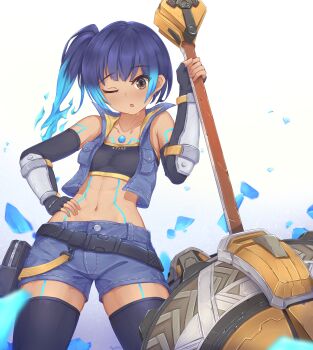 1girl absurdres blue_hair brown_eyes chest_jewel fiery_hair flat_chest glowing_lines hammer high_tops highres holding holding_hammer holding_weapon kyl490 navel sena_(xenoblade) shoes shoulder_strap simple_background sneakers solo sports_bra weapon white_background xenoblade_chronicles_(series) xenoblade_chronicles_3