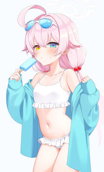 1girl absurdres ahoge armpit_crease bare_shoulders bikini blue-tinted_eyewear blue_archive blue_eyes blue_jacket blush breasts collarbone cowboy_shot eyewear_on_head food frilled_bikini frills hair_between_eyes hair_bobbles hair_ornament halo hands_up heterochromia highres holding holding_food holding_popsicle hoshino_(blue_archive) hoshino_(swimsuit)_(blue_archive) jacket jacket_partially_removed long_hair looking_at_viewer low_twintails navel official_alternate_costume official_alternate_hairstyle open_clothes open_jacket parted_lips pink_hair pink_halo popsicle sidelocks simple_background sleeves_past_wrists small_breasts solo stomach sunglasses sweatdrop swimsuit tinted_eyewear twintails tyagama white-framed_eyewear white_background white_bikini yellow_eyes