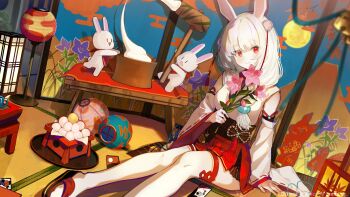 Rule 34 | 1girl, animal ears, breasts, commentary request, commission, creature, detached sleeves, floor lamp, flower, folding screen, food, highres, indie virtual youtuber, indoors, japanese clothes, kimono, kine, lamp, long hair, looking at viewer, mallet, medium breasts, mochi, mochitsuki, overskirt, pink flower, pixiv commission, rabbit ears, rabbit girl, red eyes, red skirt, rei (farta litia), sitting, skirt, smile, tatami, thighhighs, virtual youtuber, white hair, white kimono, white thighhighs
