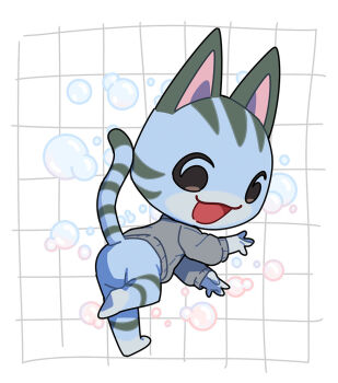 1girl :3 animal_crossing animal_ears black_eyes bottomless bubble cat_ears cat_girl cat_tail chibi chibi_only chibikemo commentary_request furry furry_female grey_fur grey_sweater grid_background kopa_nishikida lolly_(animal_crossing) looking_at_viewer nintendo open_mouth solo striped_fur sweater tail white_background