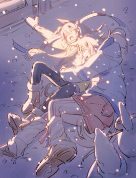 Rule 34 | 2girls, animal ears, black leggings, blue hairband, boots, brown boots, closed eyes, coat, ear covers, fur-trimmed boots, fur trim, grey hair, hair between eyes, hairband, headband, highres, horse ears, horse girl, hug, leggings, leggings under shorts, long hair, long sleeves, loose socks, lying, mittens, multiple girls, nooctadesu, oguri cap (umamusume), on side, open mouth, outdoors, pink shorts, red headband, shorts, smile, snow, snowing, snowman, socks, striped clothes, striped hairband, tail, tamamo cross (umamusume), umamusume, white leggings, white socks, winter clothes, winter coat, yuri