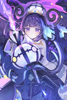 1girl absurdres black_dress black_pantyhose blue_gloves blush chandelure coat commentary_request dress gen_5_pokemon gloves gradient_pantyhose gwynn_(pokemon) haidollo hat highres long_sleeves looking_at_viewer nintendo pantyhose partially_fingerless_gloves pokemon pokemon_legends:_z-a purple_eyes purple_hair short_hair solo white_coat white_hat