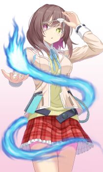 1girl arm_up blue_fire blue_ribbon blunt_bangs brown_hair commentary english_commentary eyepatch eyepatch_pull fire frilled_skirt frills ghost glowing glowing_eye gradient_background heaven_burns_red heterochromia highres hiiragi_kozue hitodama jacket long_sleeves looking_at_viewer medical_eyepatch medium_hair miniskirt mochimugi_rice neck_ribbon open_clothes open_jacket open_mouth pink_background plaid_clothes plaid_skirt pleated_skirt purple_eyes red_skirt ribbon simple_background skirt solo sweater_vest v-shaped_eyebrows yellow_eyes yellow_jacket yellow_sweater_vest