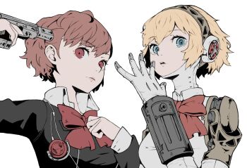 2girls absurdres aigis_(persona) android black_jacket blonde_hair blue_eyes bow bowtie breasts closed_mouth earphones_removed evoker finger_on_trigger gekkoukan_high_school_uniform gold_hairband gun_to_head hairband hand_on_own_chest hand_up highres jacket joints long_sleeves looking_at_viewer medium_breasts multiple_girls open_hand open_mouth persona persona_3 persona_3_portable pink_lips portrait red_bow red_bowtie red_eyes red_hair robot_ears robot_joints school_uniform shiomi_kotone short_hair simple_background tbjj1208 teeth upper_teeth_only white_background wing_collar