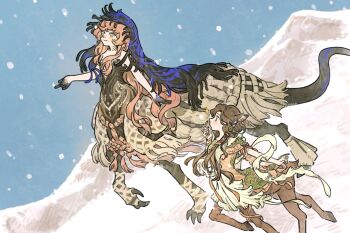 Rule 34 | 2girls, animal ears, bare arms, black dress, black hands, black tail, black veil, blue eyes, blue sky, blue veil, brown hair, centauroid, chimera, colored extremities, deer ears, deer girl, deer tail, dress, from side, hair ribbon, hand up, highres, jessica (reverse:1999), jessica (the sound of paradise) (reverse:1999), long hair, monster girl, mountain, multiple girls, nautika (reverse:1999), official alternate costume, official art, outdoors, pink dress, pink hair, pink ribbon, profile, reverse:1999, ribbon, sky, smile, snow, snowing, sparkle, strapless, strapless dress, tail, talons, taur, two-tone veil, veil