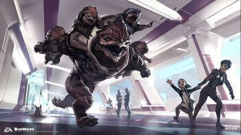 2girls 6+others alien ben_lo bioware black_hair clenched_hand commentary concept_art dress electronic_arts english_commentary highres holographic_monitor indoors krogan logo looking_down mass_effect:_andromeda mass_effect_(series) multiple_girls multiple_others official_art open_mouth orange_eyes parted_lips pointing production_art running salarian science_fiction short_hair smile white_dress