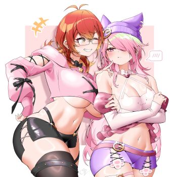 +++ 2girls absurdres antenna_hair beanie bell black_shorts black_thighhighs blush breasts cheek_poking closed_mouth commentary commission cropped_shirt crossed_arms double-parted_bangs glasses grin hair_between_eyes hair_over_one_eye hat highres jingle_bell large_breasts long_hair long_sleeves looking_at_another medium_hair multiple_girls navel one_eye_closed one_eye_covered orange_eyes orange_hair original parted_bangs pink_eyes pink_hair pink_shirt poking purple_hat purple_shorts saltnvalk shirt short_shorts shorts smile symbol-only_commentary thighhighs vgen_commission