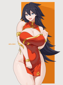 1girl absurdres armlet bare_shoulders black_hair boku_no_hero_academia bracelet breasts china_dress chinese_clothes cleavage cleavage_cutout clothing_cutout commentary dress english_commentary gold_trim highres jewelry large_breasts long_hair looking_at_viewer melowh midnight_(boku_no_hero_academia) open_mouth pelvic_curtain red_dress smile solo