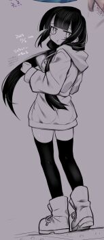 1girl absurdres boots commentary_request full_body highres lagtrain_(vocaloid) long_hair long_hoodie looking_at_viewer looking_back monochrome osage_(nukunuku_nigirimeshi) pout sasaki_shou sketch solo thighhighs translation_request zettai_ryouiki