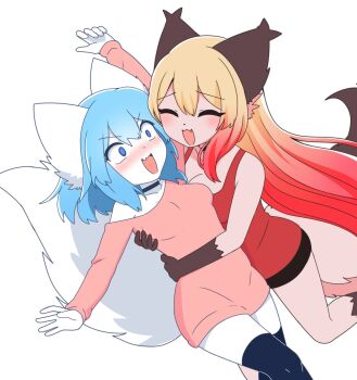 2girls ^_^ animal_ears bad_tag blue_hair blush breasts choker closed_eyes fang fang_out fox_ears fox_girl fox_tail graident_hair helmet highres hug large_breasts long_hair long_sleeves luna_(wolfychu) medium_breasts multicolored_fur multiple_girls off_shoulder pink_shirt red_shirt shirt short_hair short_shorts shorts surprise_hug surprised tail tank_top thighhighs twintails white_background wolf_ears wolf_girl wolf_tail wolfychu wolfychu_(artist)