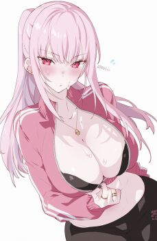 1girl absurdres black_bra black_nails black_pants blush bra breasts cleavage closed_mouth collarbone commentary curvy ear_piercing fingernails flying_sweatdrops highres hololive hololive_english jacket jewelry kamiya_maneki large_breasts long_hair long_sleeves looking_at_viewer midriff mori_calliope nail_polish necklace pants piercing pink_eyes pink_hair pink_jacket ponytail ring signature simple_background skull_necklace solo stomach sweat symbol-only_commentary underwear unzipping virtual_youtuber white_background wide_hips