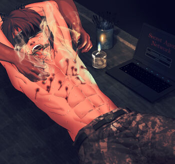 abs amakusa_hiroshi armpits bdsm blindfold blindfolded boyspanic burning chain highres male_focus nipple_stimulation nipple_torture nipples tongue_clamp