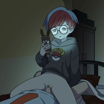 1boy 1girl animated animated_gif blue_hair bottomless censored cowgirl_position florian_(pokemon) girl_on_top glasses hetero holding holding_phone hood hoodie hoshi_wo_miru indoors looking_at_phone lying mosaic_censoring multicolored_hair naranja_academy_school_uniform necktie on_back on_bed open_mouth orange_necktie penis penny_(pokemon) phone pillow pokemon pokemon_sv pussy red_hair rotom rotom_phone sex straddling two-tone_hair vaginal