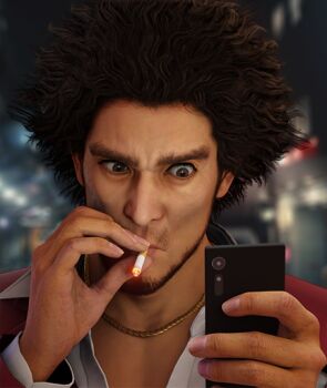 1boy 3d beard blazer brown_eyes chinstrap_beard cigarette coat collared_shirt commentary english_commentary facial_hair gold_necklace holding holding_cigarette holding_phone jacket jewelry kasuga_ichiban looking_at_phone matthew_mcconaughey_smoking_(meme) meme messy_hair necklace outdoors pectoral_cleavage pectorals phone portrait red_coat revision ryuu_ga_gotoku_(series) ryuu_ga_gotoku_7 shirt short_hair smoking solo thick_neck white_shirt wide-eyed xaqui