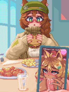 1girl ahoge animal_ear_fluff blonde_hair blush braid breasts brown_hair burger commentary cum cum_in_mouth cup dark-skinned_female dark_skin double-parted_bangs drinking_glass ears_through_headwear english_commentary fellatio food french_fries glasses green_eyes green_hat hair_over_shoulder hat hdoomguy highres holding holding_burger holding_food holding_phone indie_virtual_youtuber indoors juxtaposition large_breasts looking_at_viewer mint_castella mint_castella_(gyaru) mint_castella_(winter) official_alternate_costume open_mouth oral penis phone pixel_art plate pov scarf semi-rimless_eyewear single_braid sleeves_past_wrists solo_focus under-rim_eyewear v virtual_youtuber