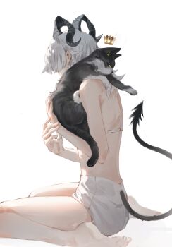 1girl absurdres alternate_costume animal animal_on_shoulder animalization bare_shoulders barefoot black_cat black_horns black_tail cat cat_on_shoulder commentary curled_horns demon_tail elyzerda from_side grey_hair hashtag-only_commentary highres horns long_hair rover_(wuthering_waves) simple_background sitting tail wariza white_background wuthering_waves zani_(wuthering_waves)