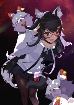 1girl :3 absurdres animal_ear_fluff animal_ears arm_up ascot bell bespectacled black_background black_choker black_hair black_hoodie black_pantyhose black_shorts bluesandesei blush_stickers brown_eyes chibi choker clothes_writing collarbone commentary_request copyright_name crossed_bangs drawstring feet_out_of_frame food-themed_hair_ornament glasses gradient_background grey_fur hair_ornament highres hololive hood hoodie leaning_forward lemon_hair_ornament long_hair long_sleeves looking_at_viewer miochun miofa_(ookami_mio) multicolored_hair neck_bell ookami_mio ookami_mio_(hoodie) open_mouth pantyhose paw_print paw_print_pattern puffy_long_sleeves puffy_sleeves red-framed_eyewear red_ascot red_background red_hair salute short_shorts shorts sidelighting sleeves_past_wrists smile streaked_hair tail tail_around_own_leg teeth two-finger_salute two-tone_hoodie upper_teeth_only very_long_hair virtual_youtuber white_fur white_hair white_hoodie wolf wolf_ears wolf_girl wolf_tail x_hair_ornament zipper_pull_tab