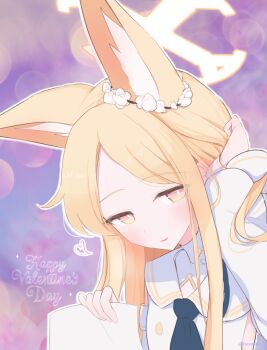 Rule 34 | 1girl, animal ears, black necktie, blonde hair, blue archive, bright pupils, commentary request, detached sleeves, dress, ear ornament, fox ears, fox girl, halo, hand on own head, happy valentine, heart, holding, holding paper, long hair, looking at viewer, necktie, paper, parted bangs, parted lips, pink eyes, purple background, sakurano rocco, seia (blue archive), smile, solo, upper body, valentine, white dress, white pupils, white sleeves, wide sleeves, yellow halo