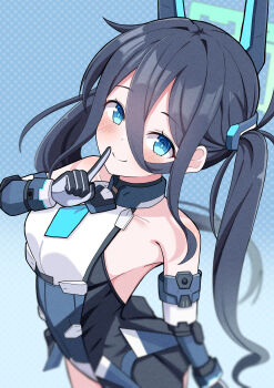 1girl absurdres aris_(armed)_(blue_archive) aris_(blue_archive) bare_shoulders black_hair blue_archive blue_background blue_eyes blush gloves green_halo halo highres hosinonana index_finger_raised leotard long_hair necktie short_necktie smile twintails