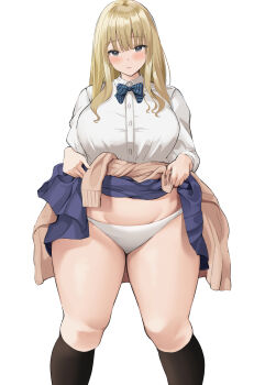 Rule 34 | 1girl, absurdres, beige cardigan, black socks, blonde hair, blue skirt, blunt bangs, breasts, cardigan, cardigan around waist, closed mouth, clothes around waist, collared shirt, commentary request, curvy, grey eyes, gyaru, highres, kneehighs, kogal, large breasts, lifting own clothes, long hair, long sleeves, looking at viewer, neneneji, original, panties, pleated skirt, school uniform, shirt, sidelocks, simple background, skirt, socks, solo, standing, thick thighs, thighs, underwear, white background, white panties, white shirt