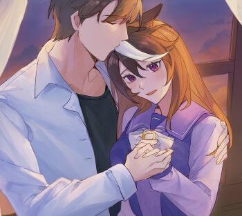 1boy 1girl animal_ears black_shirt blush bow brown_hair closed_eyes collared_shirt commentary curtains droopy_ears dusk hand_on_another's_shoulder hetero highres holding_hands horse_ears horse_girl horseshoe_ornament kissing_head koibamboo long_hair multicolored_hair open_mouth pink_eyes purple_sailor_collar sailor_collar school_uniform shirt short_hair smile streaked_hair symboli_rudolf_(umamusume) tracen_school_uniform trainer_(umamusume) umamusume unbuttoned unbuttoned_shirt white_bow white_shirt white_streaks window