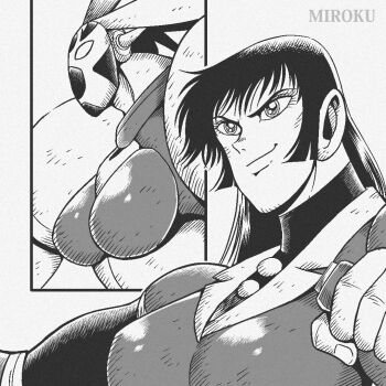 Rule 34 | 1990s (style), 2girls, blunt sidelocks, boobplate, breastplate, breasts, commentary request, getter rekka, getter robo, getter robo daikessen!, greyscale, ishikawa ken (style), lever, long hair, mecha, mecha focus, mecha pilot suit, miroku (miroku t), mizuki akane, monochrome, multiple girls, official style, retro artstyle, robot, robot girl, sidelocks, smile, super robot