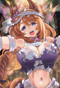1girl absurdres animal_ears bandage_on_hair bandaged_arm bandaged_hand bandaged_head bandaged_torso bandages bandeau blue_eyes blush braid breasts brown_hair cleavage ear_scrunchie hair_between_eyes halloween halloween_costume highres horse_ears horse_girl horse_tail large_breasts long_hair looking_at_viewer multicolored_hair mummy_costume navel official_alternate_costume open_mouth purple_bandeau shikibara_fukka smile solo stomach streaked_hair super_creek_(chiffon-wrapped_mummy)_(umamusume) super_creek_(umamusume) tail teeth torn_bandages torn_bandeau umamusume upper_body very_long_hair white_hair
