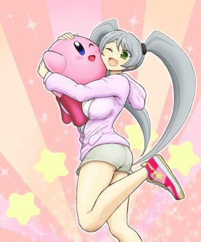 Rule 34 | 1girl, :d, ass, blue eyes, blush, blush stickers, breasts, casual, character print, colored skin, commentary, crossover, english commentary, green eyes, grey hair, grey shorts, hood, hooded jacket, hug, jacket, kirby, kirby (series), large breasts, long hair, nintendo, one eye closed, open mouth, orange background, pink background, pink skin, purple jacket, red background, senran kagura, senran kagura new wave, shirt, shoes, short shorts, shorts, smile, sneakers, solo, sparkle, star (symbol), star symbol background, sunburst, sunburst background, swept bangs, tsubame (senran kagura), twintails, very long hair, warp star, white shirt, yui (jisatsu)