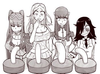 4girls @_@ bar_stool blush bracelet breasts cape cleavage commentary commission crossover dildo english_commentary epaulettes fire_emblem fire_emblem_awakening greyscale hair_over_one_eye hand_on_own_hip jewelry junketsu kill_la_kill kiryuuin_satsuki kuroki_tomoko large_breasts medium_breasts microskirt monochrome multiple_crossover multiple_girls necktie nintendo okita_kyouko okusan pantyhose plaid_clothes plaid_shirt school_uniform sex_toy shirt skirt stool sweat tenk tharja_(fire_emblem) thick_eyebrows tongue tongue_out twintails watashi_ga_motenai_no_wa_dou_kangaetemo_omaera_ga_warui!