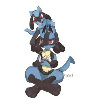 2others artist_name closed_mouth crossed_arms furry gen_4_pokemon highres lucario multiple_others nintendo oisisabatugun on_head other_focus pokemon pokemon_(creature) red_eyes riolu simple_background sitting spikes sweat white_background