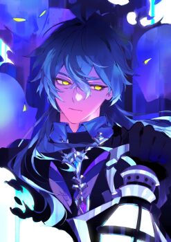1boy 3others absurdres antenna_hair arm_up black_gloves blue_gemstone blue_hair closed_mouth collared_shirt commentary crossed_bangs double-parted_bangs english_commentary eyelashes flins_(genshin_impact) gem genshin_impact gloves highres holding holding_lantern lantern long_hair looking_to_the_side male_focus mulkimchii multiple_others portrait shirt sideways_glance solo wing_collar yellow_eyes