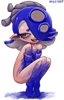 1girl bad_id bad_twitter_id bags_under_eyes barefoot blue_hair bodypaint collarbone covering_breasts covering_privates earrings fangs full_body hachimaki hair_over_one_eye headband highres ink jewelry looking_to_the_side nintendo nude octoling open_mouth p0stalk red_eyes shiver_(splatoon) smile solo splatoon_(series) splatoon_3 squatting tentacle_hair white_background